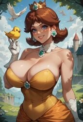 1girls 2024 2024s 2d 2d_(artwork) 2d_artwork ai_generated big_breasts bird blue_eyes breasts brown_hair clothed clothed_female clothing crown cute dress female female female_only gloves human human_female human_only light-skinned_female light_skin looking_at_viewer mario_(series) nai_diffusion nintendo princess princess_daisy short_hair smile solo solo_female stable_diffusion standing video_game_character video_games white_gloves yellow_dress