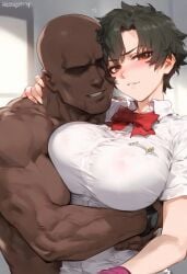 1boy 1girls ai_generated black_hair bleach dark-skinned_male dark_skin gigantic_breasts huge_breasts interracial light-skinned_female light_skin looking_at_viewer massive_breasts muscular_male nakatori nude nude_male red_eyes school_uniform schoolgirl short_hair shounen_jump smiling squatting sweat sweatdrop tatsuki_arisawa voluptuous voluptuous_female