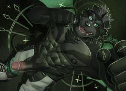 amduscias_(tas) anthro balls black_body black_fur bottomwear canid canine chains chest_tuft clothing duckaphion electronics fur genitals gesture green_eyes grey_body grey_fur hand_gesture hi_res lifewonders male mammal microphone muscular muscular_male nipples pants pecs penis pointing solo tokyo_afterschool_summoners tuft wings