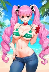 1girls ai_generated bare_arms bare_shoulders beach big_breasts black_eyes blush bra clothed clothing color female female_focus female_only geo-san geosan hi_res jeans large_breasts light-skinned_female light_skin long_hair looking_at_viewer nami_(one_piece)_(cosplay) one_piece perona pink_hair sand sea shounen_jump solo solo_female tagme thick_thighs water