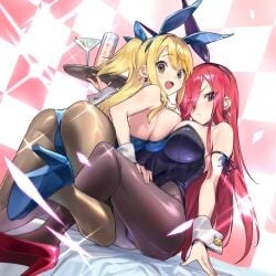 ass big_ass big_breasts breasts bunny_girl bunnysuit erza_scarlet fairy_tail golden_hair lucy_heartfilia magic magical_girl official_art red_hair shio witch yuri