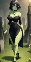 1girls ai_generated big_breasts full_body goblin_female goth_girl goth_goblin goth_goblin_girl green_skin thick