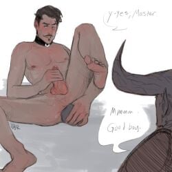 2boys anal anal_sex anal_sex anthro artist_signature ass balls ballsack bara blush blush canon_couple collar couple dark-skinned_male dark_hair dark_skin dialogue dialogue_bubble dildo dildo_in_ass dominant_male dorian_pavus dragon_age dragon_age_inquisition duo erect_penis erection faceless_male facial_hair feet gay_male grabbing_penis grey_body grey_skin horn horns human iron_bull jerking jerking_off looking_at_another looking_at_partner mage male male_only male_penetrated masturbating masturbation moustache moustache nipples penis penis_grab pointy_ears qunari scar speech speech_bubble submissive submissive_male sweat sweatdrop sweating text text_bubble unknown_artist video_games