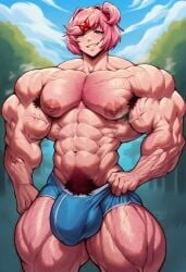 1boy abs ai_generated ambush_(trap) armpit_hair bulge chest_hair doki_doki_literature_club extreme_muscles genderswap_(ftm) hairy_armpits hairy_arms hairy_chest hyperpenis male male_only muscular muscular_male natsuki_(doki_doki_literature_club) rule_63 sewoh solo