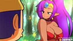 1boy 1girls big_breasts blue_hair bolo cherryboy cleavage female hidden_face long_hair male neutral_expression purple_hair shantae shantae_(character) short_hair thumbnail