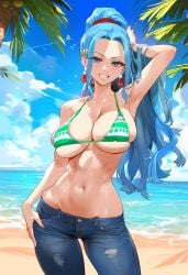 1girls ai_generated bare_arms bare_shoulders beach big_breasts blue_eyes blue_hair blush bra clothed clothing color female female_focus female_only geo-san geosan hi_res jeans jewelry large_breasts light-skinned_female light_skin long_hair looking_at_viewer nami_(one_piece)_(cosplay) nefertari_vivi one_piece princess sand sea shounen_jump solo solo_female tagme thick_thighs water