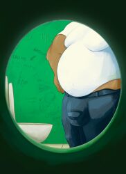 1male anthro bathroom bear belly big_bulge biped brown_body brown_fur bulge clothing crunchychip detailed_bulge fur genital_outline glory_hole graffiti hi_res male male_anthro mammal moobs navel obese obese_anthro obese_male overweight overweight_anthro overweight_male penis_outline public_restroom shirt solo stained_clothing toilet topwear ursine white_clothing white_shirt white_topwear
