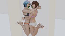 2girls 3d ball_gag black_bra blue_hair bondage bound_together bound_wrists bra brown_hair chloe_price female females_only gag gagged hapsters1 life_is_strange max_caulfield orange_panties panties pink_bra underwear white_panties