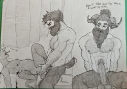 anal anal_sex bartel beard bearded big_balls big_penis curly_hair dialogue domination facial_hair fucked_into_submission gay gay_domination gay_sex george_(character) hair_bun hairy hairy_arms hairy_chest hairy_male horns hunk intense_sex long_hair_male manly motion_lines multiple_males muscle muscular muscular_male pencil_(artwork) precum precum_drip precum_on_penis rough_sex satyr scales scalie scalie_humanoid sketch sodomy sweat sweaty sweaty_body thick_penis traditional_art traditional_media traditional_media_(artwork) trio twitching_penis veiny_muscles veiny_penis