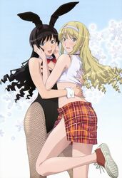 2girls amagami animal_ears arm arms bare_shoulders black_hair blonde_hair blue_eyes blush bowtie bunny_ears bunny_girl bunny_tail bunnysuit clothing cousins detached_collar female fishnet_pantyhose fishnets hairband hands_on_head happy high_resolution hug leg_lift legs long_hair looking_at_viewer looking_back midriff morishima_haruka morishima_jessica multiple_girls nyantype official_art open_mouth pantyhose side_slit skirt smile sneakers tail wrist_cuffs yuri