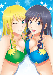 2girls amagami bikini_top black_hair blonde_hair blue_eyes breast_press breasts bust cousins curly_hair female happy kishida-shiki large_breasts long_hair looking_at_viewer morishima_haruka morishima_jessica multiple_girls open_mouth pointy_chin smile star symmetrical_docking wink