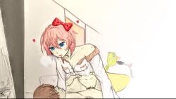 1boy 1girls blue_eyes bow colored doki_doki_literature_club female grabbing_waist hair_bow hairbow heart hearts male mc_(doki_doki_literature_club!) mouth_open open_mouth red_bow red_hair_bow red_hairbow red_heart red_hearts sayori_(doki_doki_literature_club) selfperv sex strawberry_blonde_hair tongue waist_grab