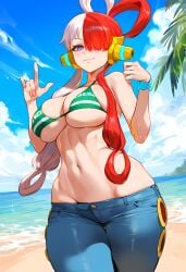 1girls ai_generated bare_arms bare_shoulders beach big_breasts blush bra clothed clothing color female female_focus female_only geo-san geosan hi_res jeans large_breasts light-skinned_female light_skin long_hair looking_at_viewer multicolored_hair nami_(one_piece)_(cosplay) one_piece purple_eyes sand sea shounen_jump solo solo_female tagme thick_thighs uta_(one_piece) water