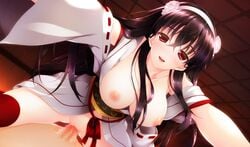 black_hair blush breasts censored female game_cg hayakawa_harui highres japanese_clothes long_hair nipples okushiro_yuki open_mouth penis pussy red_eyes sex the_garden_of_fifth_zoa thighhighs vaginal_penetration