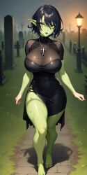 1girls ai_generated big_breasts full_body goblin_female goth_girl goth_goblin goth_goblin_girl green_skin thick