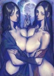 2girls big_ass big_breasts blue_eyes blue_robe breast_press breast_to_breast breasts_press breasts_to_breasts elden_ring faux_traditional_media female female_only fromsoftware full_moon holding_hands interlocked_fingers jewelry light-skinned_female looking_at_viewer milf moon moonlight nat_the_lich natthelich painting_(artwork) rellana_twin_moon_knight rennala_queen_of_the_full_moon shadow_of_the_erdtree siblings sideboob sisters symmetrical_docking wholesome yuri