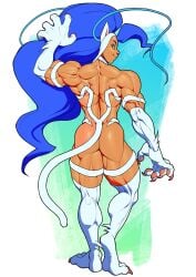 animal_humanoid anthro ass back_muscles blue_hair capcom darkstalkers extreme_muscles felicia_(darkstalkers) felid felid_humanoid feline feline_humanoid female fur green_eyes hair humanoid long_hair looking_at_viewer looking_back mammal mammal_humanoid muscular muscular_female muscular_thighs pawpads pokkuti pose rear_view smile smiling_at_viewer solo thick_thighs white_body white_fur