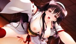 black_hair blush breasts censored female game_cg hayakawa_harui highres japanese_clothes long_hair nipples okushiro_yuki open_mouth penis pussy red_eyes sex the_garden_of_fifth_zoa thighhighs vaginal_penetration