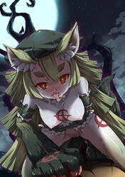 1boy animal_ears breasts cowgirl_position eyebrows female full_moon gen'ei_wo_kakeru_taiyou green_hair hat highres long_hair looking_at_viewer moon nipples penis pussy red_eyes short_eyebrows sirills tattoo thick_eyebrows tongue tongue_out tsukuyomi_luna wolf