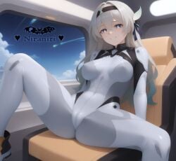 absurdres ai_generated bangs black_hairband bodysuit breasts cameltoe closed_mouth cloud covered_navel covered_nipples female firefly_(honkai:_star_rail) grey_hair hair_ornament hairband highres honkai:_star_rail honkai_(series) long_hair looking_at_viewer medium_breasts niraniri pilot_suit science_fiction sitting skin_tight sky smile solo spread_legs thighs white_bodysuit