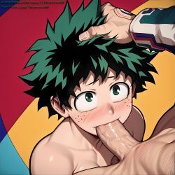 ahe_gao ai_generated blowjob boku_no_hero_academia deku gay green_hair izuku_midoriya male_on_femboy male_only my_hero_academia shorthair trapaaa99 yaoi