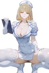ai_generated blonde_hair breasts expressionless female gloves large_breasts nurse nurse_cap panties sagawa_(artist) squatting thighhighs yellow_eyes