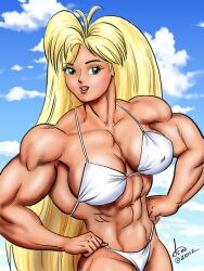 abs biceps big_breasts big_muscles blonde_hair breasts dcmatthews female green_eyes hair large_breasts long_hair muscles muscular_arms muscular_female muscular_legs muscular_thighs pecs tetsuko