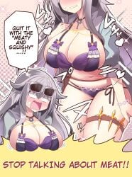 alternate_costume bad_tag bikini blush breasts choker cleavage collarbone english_text eyewear_on_head female female flower_knight_girl grey_hair hair_ornament highres huge_breasts jacket large_breasts long_hair looking_at_viewer navel official_alternative_costume open_mouth purple_bikini purple_swimsuit sigillaria_(flower_knight_girl) silver_hair smile speech_bubble sunglasses swimsuit thigh_strap white_hair