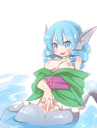 animal_ears bare_shoulders blue_eyes blue_hair blush breasts censored clothes_pull drill_hair female head_fins japanese_clothes long_sleeves mermaid monster_girl nipples obi open_mouth pussy short_hair smile solo spread_pussy touhou wakasagihime water wide_sleeves youki029