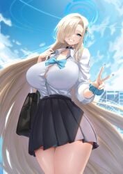 1girls asuna_(blue_archive) blonde_hair blue_archive breasts eye_covering_bangs female female_only hair_over_one_eye ichinose_asuna large_breasts long_hair miniskirt school_uniform skirt smile solo uniform very_long_hair