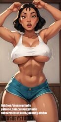 abs ai_generated armpits arms_up artist_name black_hair blue_shorts blush breasts brown_eyes cleavage clothing cowboy_shot crop_top curvaceous dark-skinned_female dark_skin denim denim_shorts english_text erect_nipples female female_only indoors jousneystudio large_breasts lilo_&_stitch lips long_hair looking_at_viewer mature_female midriff mole mole_on_breast nani_pelekai navel one_arm_up open_mouth original red_lips shirt short_hair short_shorts shorts solo standing stomach tank_top teeth text thick_eyebrows thick_thighs thighs toned tongue underboob underwear upper_teeth_only watermark web_address white_tank_top wide_hips