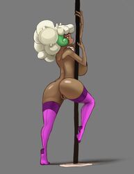 anthro anthrofied ass big big_breasts blush breasts brown_skin eyelashes female footwear grey_background hair ipan looking_at_viewer looking_back nintendo nude open_mouth plain_background pokemon pole purple_skin pussy raised_arm shadow shiny short_hair socks solo video_games whimsicott white_hair yellow_eyes