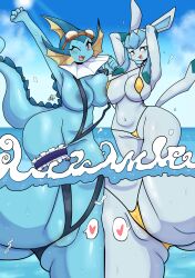 anthro areola big_breasts bikini blue_body blue_eyes blush breasts clothing duo eeveelution female generation_1_pokemon generation_4_pokemon genitals glaceon hi_res huge_breasts navel nintendo one-piece_swimsuit one_eye_closed pokemon pokemon_(species) purple_eyes pussy pussy_floss san_ruishin sling_bikini swimwear two-piece_swimsuit vaporeon water