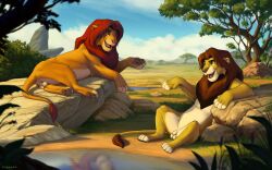 absurd_res animal_genitalia anus balls dialogue disney duo dynexia fan_character felid feral genitals hi_res lion male male/male mammal pantherine pridelands sheath simba_(the_lion_king) spread_legs spreading the_lion_king water zilvus