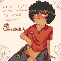 balls big_balls big_penis black_hair boy brown_skin chick-fil-a chick_fuck_a cute cute_male dick eatable english_text food funny funny_face honey man sauce sexy silly spacial_sauce sweet worker younger_male yummy