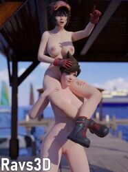3d beach blender blurry_background boots breasts carrying crossover fortnite fortnite:_battle_royale nude overwatch pointing pussy ravs3d the_machinist_(fortnite) tracer