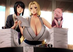 1animal 2girls absurdres animal bare_shoulders black_hair blonde_hair breast_focus breasts cleavage cloud collarbone desk erkaz fingernails highres hokage hokage_office huge_breasts human jewelry kimono lips mature mature_female milf multiple_girls naruto naruto_(series) naruto_shippuden necklace open_mouth paper paperwork pig sagging_breasts scroll shizune short_hair sky teacher_and_student tonton tsunade upper_body voluptuous