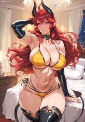 2d ai_generated bed bedroom bikini demon demon_girl demon_horns demon_tail elbow_gloves horn long_hair night red_hair sinia solo succubus tagme thighhighs