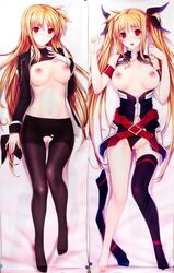 alternate_costume alternate_hairstyle armband artist_request belt black_legwear blonde_hair blush bow breasts breasts_out crotchless dakimakura fate_testarossa feet female hairbow hand_on_own_chest highres long_hair long_image looking_at_viewer lying mahou_shoujo_lyrical_nanoha mahou_shoujo_lyrical_nanoha_strikers navel nipples on_back open_clothes open_mouth panties panties_aside pantyhose pussy red_eyes shirt_lift single_thighhigh tall_image thighhighs thighhighs_removed tied_hair toes torn_pantyhose twintails uncensored underwear uniform very_long_hair