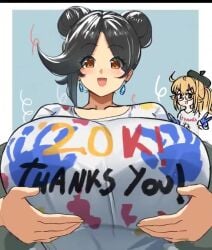 2girls animated black_hair blonde_hair bouncing_breasts brown_eyes double_bun earrings female grabbing_own_breast light-skinned_female light_skin looking_at_viewer milestone_celebration miruyuyo no_sound shorter_than_10_seconds tagme tagme_(character) twitter_link video