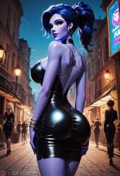 1girls ai_generated air amelie_lacroix big_breasts brest latex latex_dress overwatch overwatch_2 oxtonai short widowmaker