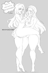 2girls big_breasts blush dialogue european_mythology female fingering goddess hel_(smite) hi-rez_studios law-zilla mythology norse_mythology nude skadi_(smite) sketch smite thick_thighs wide_hips yuri