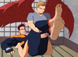 balls bara boner bottomless costume endeavor_(my_hero_academia) enji_todoroki erection feet gay hawks_(my_hero_academia) keigo_takami male male_only muscles muscular my_hero_academia pantsless penis thigh_sex vvulfbara