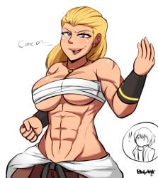 1boy 1girls 2018 abs blonde_female blonde_hair blonde_hair_blue_eyes blonde_hair_female blue_eyes bodyattk cleavage english_text fatal_fury female geese_howard genderswap genderswap_(mtf) king_of_fighters light-skinned_female light_skin male muscles muscular muscular_female necklace rock_howard rule_63 scar_on_chest scarred_breasts slicked_back_hair smirking snk text underboob video_game_character video_game_franchise
