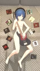 1girls 3d album bangs_over_one_eye bass_guitar bed bedroom blue_hair bocchi_the_rock! cd completely_nude female full_body hair_clips headphones kessoku_band legs lying lying_on_bed musical_instrument naked nude petite short_hair small_breasts solo thighs yamada_ryou yellow_eyes