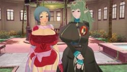 2girls 3d alternate_costume arisat arm_grab ass_in_dress atlus bare_thighs blue_hair blush breasts cape cleavage cosplay costume_switch crossover dress embarrassed female female_only fire_emblem fire_emblem_awakening fuuka_yamagishi fuuka_yamagishi_(cosplay) garter_straps gigantic_breasts gloves green_eyes green_hair grey_eyes hand_on_own_chest hourglass_figure indoors long_sleeves megami_tensei multiple_girls nintendo persona persona_3 pointy_ears ponytail pool sega short_hair sidelocks smile thick_thighs thighhighs thighs tiki_(adult)_(fire_emblem) tiki_(adult)_(fire_emblem)_(cosplay) tiki_(fire_emblem) water wide_hips window