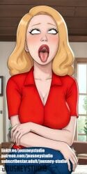 ahe_gao ai_generated beth_smith blonde_hair blush breasts cleavage clothing crossed_arms english_text female female_only indoors jousneystudio large_breasts lips long_hair looking_at_viewer open_mouth oral_invitation pants red_shirt rick_and_morty shirt solo teeth tongue tongue_out trembling upper_teeth_only window