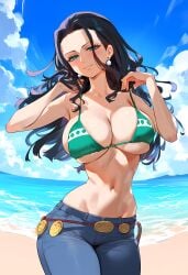 1girls ai_generated bare_arms bare_shoulders beach big_breasts black_hair blue_eyes blush bra clothed clothing color female female_focus female_only geo-san geosan hi_res jeans large_breasts light-skinned_female light_skin long_hair looking_at_viewer nami_(one_piece)_(cosplay) nami_(post-timeskip)_(cosplay) nico_robin one_piece post-timeskip sand sea shounen_jump solo solo_female tagme thick_thighs water