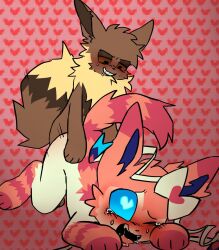 2024 ambiguous_penetration big_tail black_eyes blue_sclera blush bodily_fluids bow_(anatomy) brown_body brown_sclera digitigrade duo eevee eeveelution feral feral_on_feral fluffy fluffy_tail generation_1_pokemon generation_6_pokemon heart_background heart_eyes heart_symbol hi_res incest_(lore) lidded_eyes long_ears male male/male markings multicolored_body neck_tuft nintendo paws penetration pink_markings pokemon pokemon_(species) quadruped ribbons_(anatomy) saliva sex simple_background striped_markings stripes sxxckbug sylveon tail tears tongue tongue_out tuft white_body white_eyes