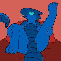 2015 aliasing animal_genitalia anthro blue_eyes cloaca female flat_chested kobold lolori looking_at_viewer nude reptile scalie simple_background smile solo tongue trout_(artist)